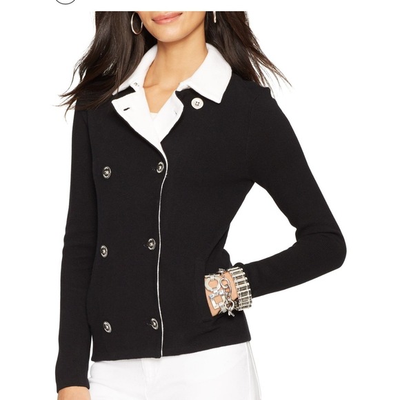 LAUREN Ralph Lauren VTGE Black Double Breasted Knit Collar Cardigan Sweater LGE - Picture 2 of 13